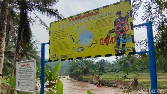 Papan larangan penangkapan ikan sidat di Ciamis