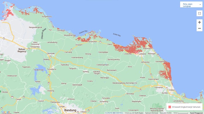 Titik berwarna merah menunjukkan daerah-daerah di Pantura Jabar yang terancam tenggelam pada 2030