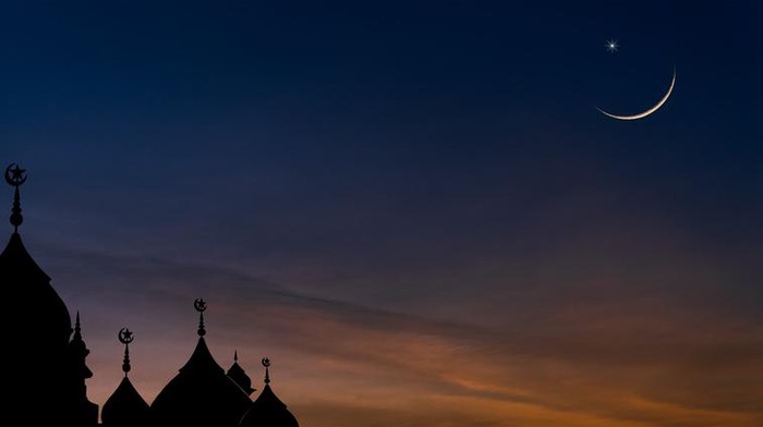Mosques dome on dusk sunset sky and crescent moon symbol religion of Islamic free space text with Ramadan month, Eid Al Adha, Eid Ul Fitr, Muharram