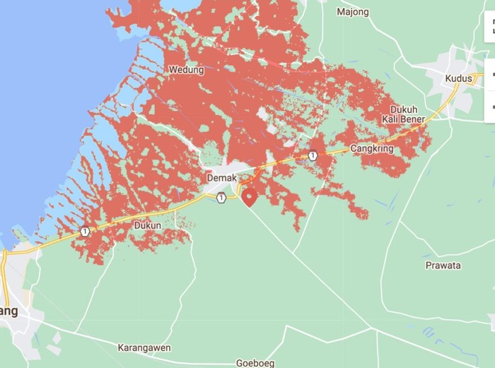 Climate Central memprediksi wilayah pesisir utara Demak, Jawa Tengah, akan hilang di tahun 2030.