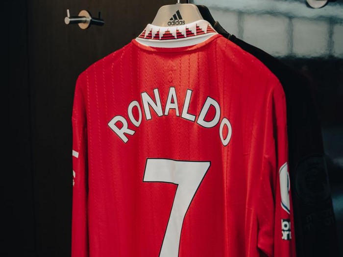 MANCHESTER, ENGLAND - OCTOBER 19:   General View of Cristiano Ronaldo of Manchester Uniteds kit inside the dressing room prior to the Premier League match between Manchester United and Tottenham Hotspur at Old Trafford on October 19, 2022 in Manchester, United Kingdom. (Photo by Ash Donelon/Manchester United via Getty Images)