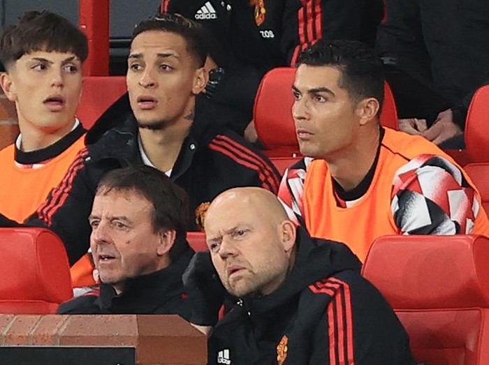 MANCHESTER, ENGLAND - OCTOBER 19: Cristiano Ronaldo of Manchester United on the bench during the Premier League match between Manchester United and Tottenham Hotspur at Old Trafford on October 19, 2022 in Manchester, United Kingdom. (Photo by Simon Stacpoole/Offside/Offside via Getty Images)