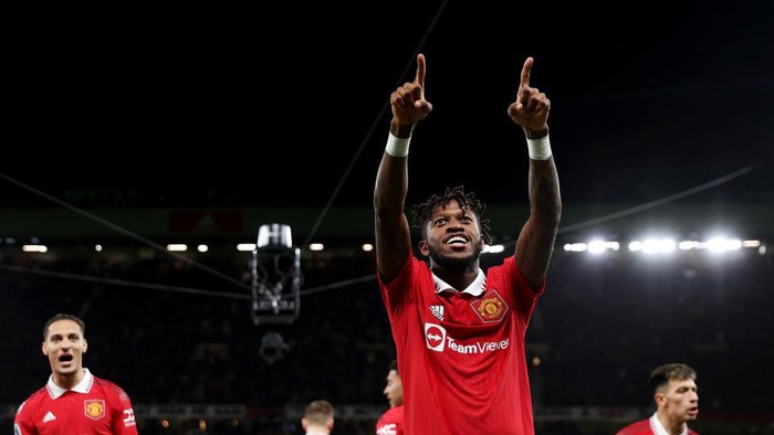 MANCHESTER, ENGLAND - OCTOBER 19: Fred of Manchester United celebrates after scoring their sides first goal during the Premier League match between Manchester United and Tottenham Hotspur at Old Trafford on October 19, 2022 in Manchester, England. (Photo by Alex Pantling/Getty Images)