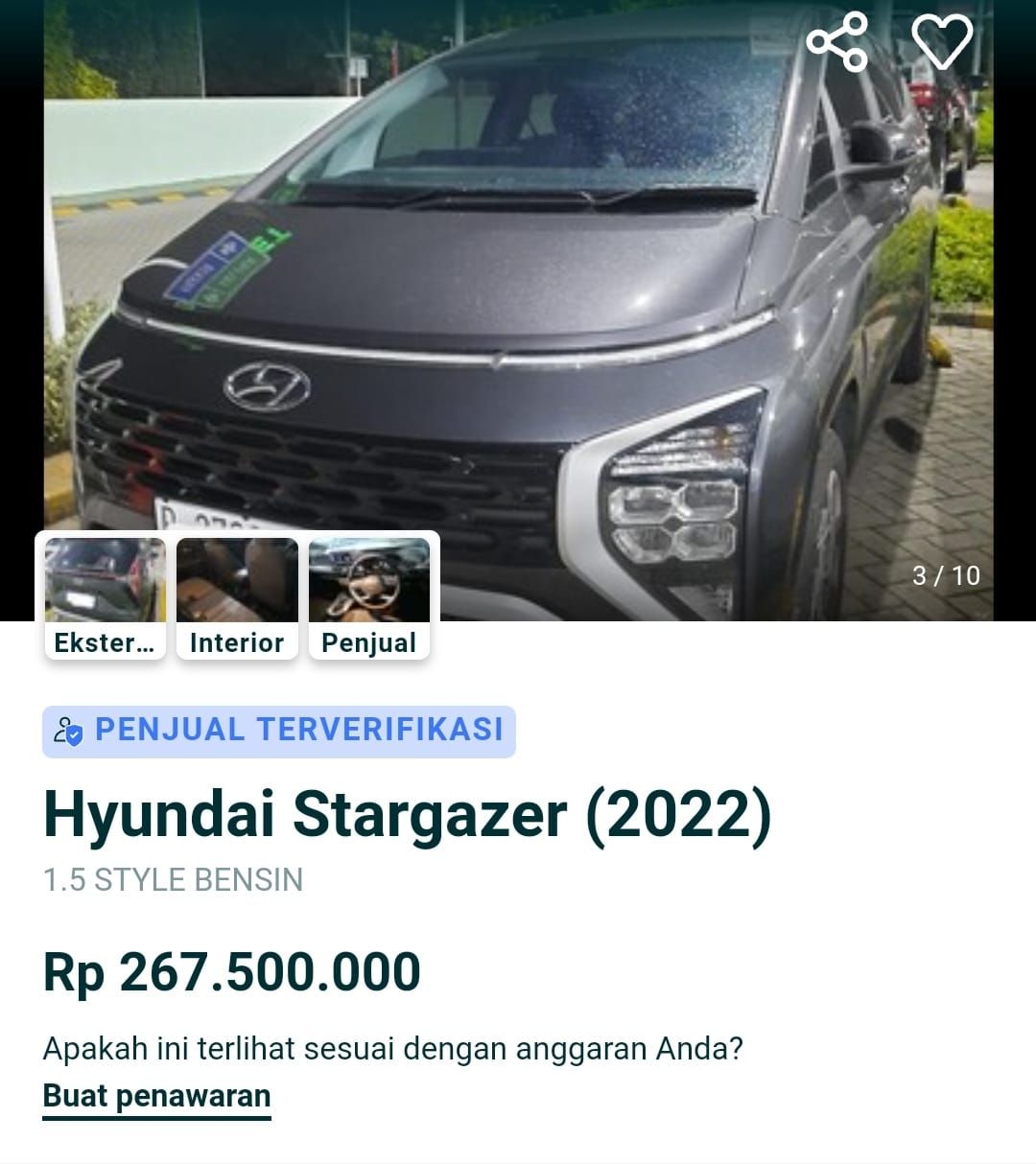Hyundai Stargazer bekas di lapak jual-beli kendaraan daring.