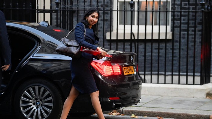 British Home Secretary Suella Braverman walks on Downing Street, in London, Britain, October 11, 2022. REUTERS/Toby Melville