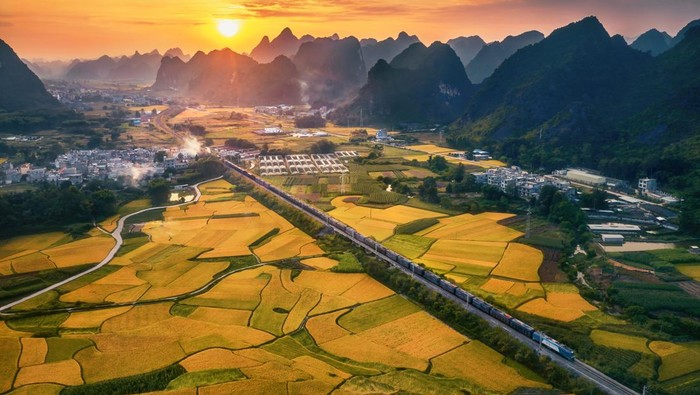 BAISE, CHINA - OCTOBER 16: An aerial view of paddy fields at Debao County on October 16, 2022 in Baise, Guangxi Zhuang Autonomous Region of China. The paddy fields in Baise have entered harvest season. (Photo by VCG/VCG via Getty Images)