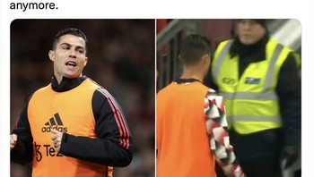 Menurut akun ini, Ten Hag menyuruh Ronaldo pemanasan tapi tetap terus cadangan. Ten Hag pun dinilai tidak respek dengan Ronaldo. Foto: Twitter