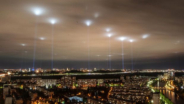 KYIV, UKRAINE - MAY 13, 2020 - Floodlights set at landmark sites illuminate the sky over Kyiv during the Stop Cultural Quarantine action organized to draw the attention of the government and the society to supporting creative and entertainment industries affected by coronavirus lockdown, Kyiv, capital of Ukraine. - PHOTOGRAPH BY Ukrinform / Future Publishing (Photo credit should read Evgen Kotenko/ Ukrinform/Future Publishing via Getty Images)