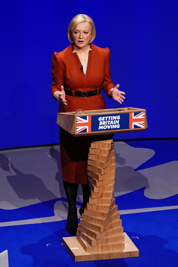 Prime Minister Liz Truss delivers her keynote speech at the Conservative Party annual conference at the International Convention Centre in Birmingham. Picture date: Wednesday October 5, 2022. (Photo by Aaron Chown/PA Images via Getty Images)