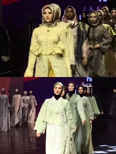 Kontestan Miss Grand International 2022 2022 tampil berhijab di gelaran Jakarta Muslim Fashion Week (JMFW) 2023, di Indonesia Convention Exhibition (ICE) BSD, Tangerang, Banten di sela gelaran Trade Expo Indonesia (TEI).