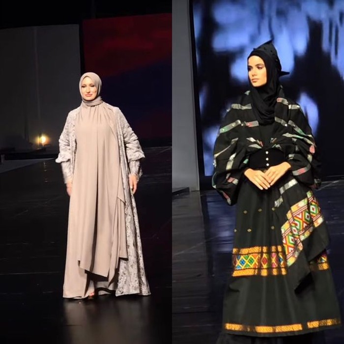 Kontestan Miss Grand International 2022 2022 tampil berhijab di gelaran Jakarta Muslim Fashion Week (JMFW) 2023, di Indonesia Convention Exhibition (ICE) BSD, Tangerang, Banten di sela gelaran Trade Expo Indonesia (TEI).