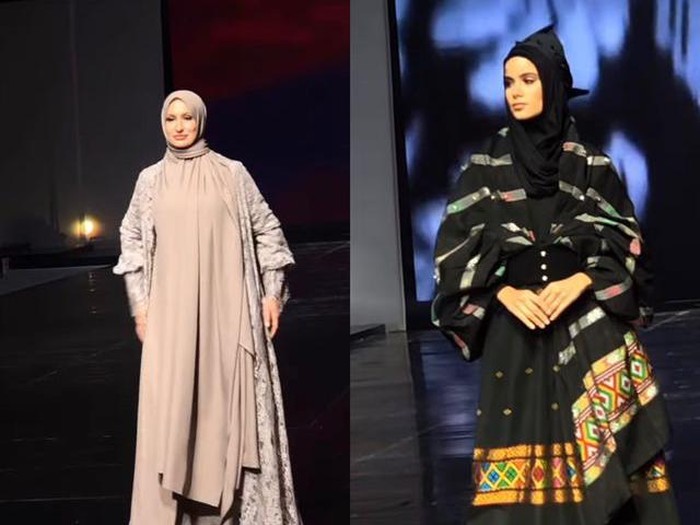 Kontestan Miss Grand International 2022 2022 tampil berhijab di gelaran Jakarta Muslim Fashion Week (JMFW) 2023, di Indonesia Convention Exhibition (ICE) BSD, Tangerang, Banten di sela gelaran Trade Expo Indonesia (TEI).