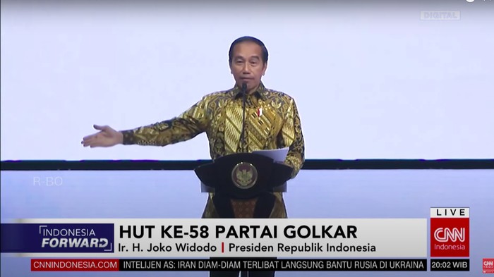 Presiden Joko Widodo (Jokowi) menghadiri peringatan hari ulang tahun (HUT) ke-58 Partai Golkar (YouTube CNN Indonesia TV)