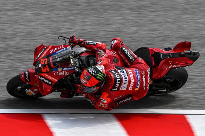 Ducati Lenovo Teams Italian rider Francesco Bagnaia takes a corner during the third MotoGP free practice at the Sepang International Circuit in Sepang on October 22, 2022, ahead of the Malaysian Grand Prix. (Photo by Mohd RASFAN / AFP) (Photo by MOHD RASFAN/AFP via Getty Images)