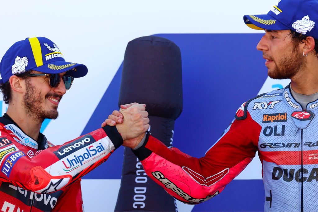 ALCANIZ, SPAIN - SEPTEMBER 18: Francesco 'Pecco' Bagnaia and Enea Bastianini of Italy on the podium during the MotoGP race at Motorland Aragon Circuit on September 18, 2022 in Alcaniz, Spain. (Photo by Joan Cros Garcia - Corbis/Corbis via Getty Images)