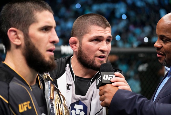 ABU DHABI, UNITED ARAB EMIRATES - OCTOBER 22: Khabib Nurmagomedov reacts after his teammate Islam Makhachev of Russia wins the UFC lightweight championship fight during the UFC 280 event at Etihad Arena on October 22, 2022 in Abu Dhabi, United Arab Emirates. (Photo by Chris Unger/Zuffa LLC)
