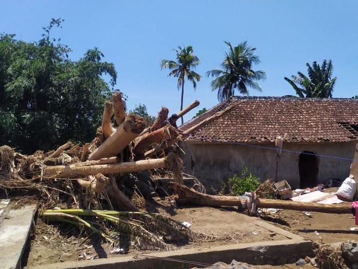 Pembersihan kayu dan lumpur di rumah warga Bilukpoh, Jembrana, Bali, pascabanjir bandang.