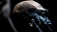 Foto yang diambil pada 18 Oktober 2022 memperlihatkan sebuah penutup tengkorak manusia Jawa yang merupakan bagian dari koleksi Dubois di Museum Naturalis, Leiden, Belanda.