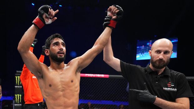 ABU DHABI, UNITED ARAB EMIRATES - OCTOBER 23: Anshul Jubli of India reacts after his victory over KyeungPyo Kim of South Korea in a lightweight fight during the Road to UFC event at Etihad Arena on October 23, 2022 in Abu Dhabi, United Arab Emirates. (Photo by Chris Unger/Zuffa LLC)