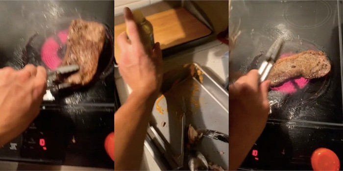 Orang masak steak di kompor listrik