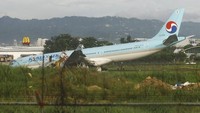 Beruntung, tidak ada korban luka dalam insiden ini. Pihak maskapai Korean Air menyatakan semua penumpang berhasil dievakuasi dengan selamat. Penyebab insiden itu belum diketahui secara jelas. (AP Photo/Juan Carlo De Vela)  