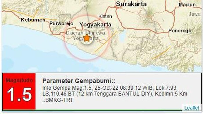 Gempa darat M 1,5 guncang Bantul, Selasa (25/10/2022).