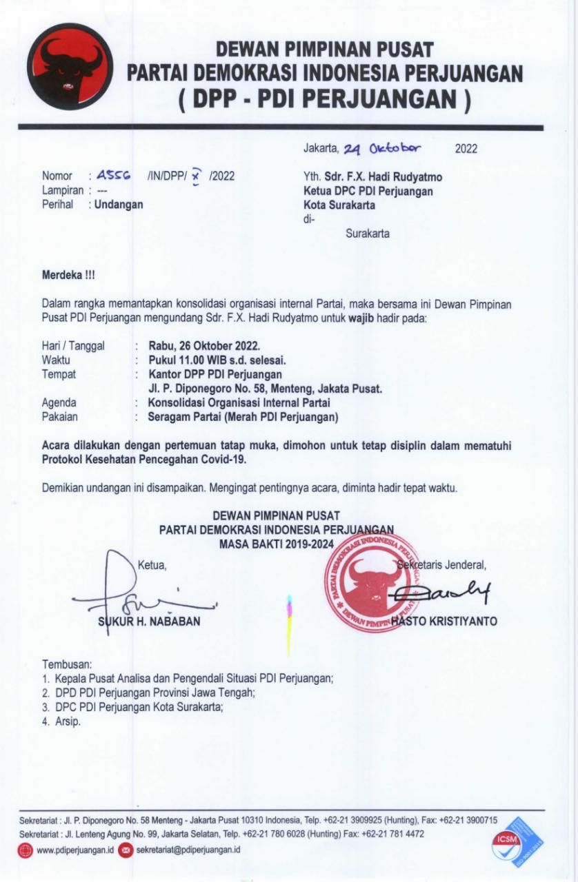Surat pemanggilan FX Rudy ke DPP PDIP