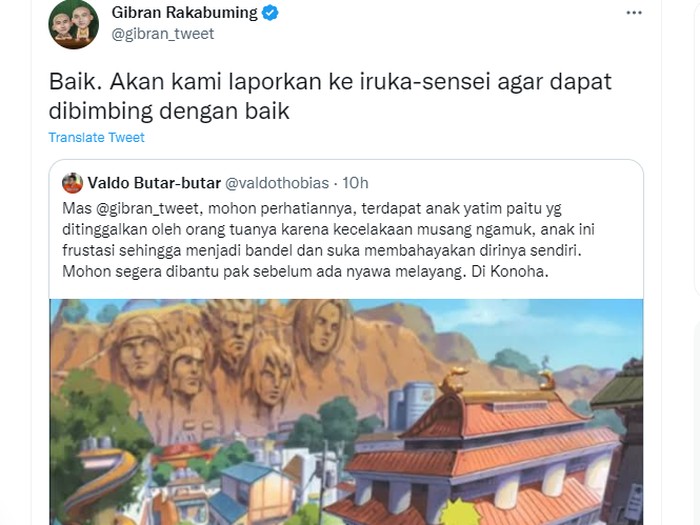 Wali Kota Solo Gibran Rakabuming bahas Konoha di Twitter. Screen shoot diambil Selasa (25/10/2022).