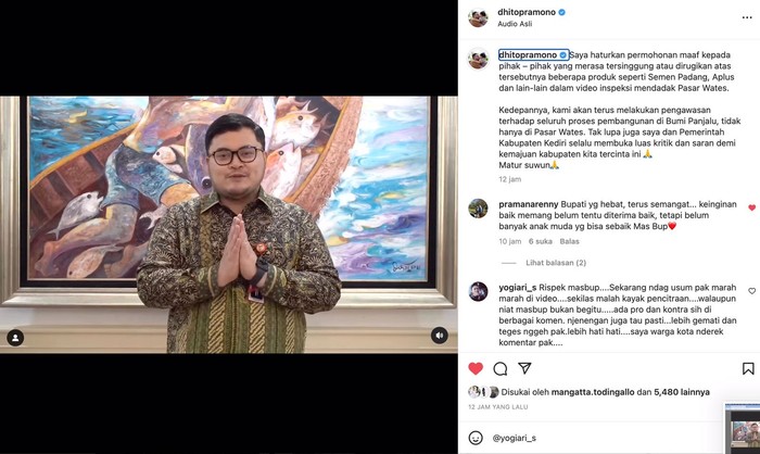 Bupati Kediri minta maaf telah menyebut merek dagang saat sidak proyek pembangunan Pasar Wates.