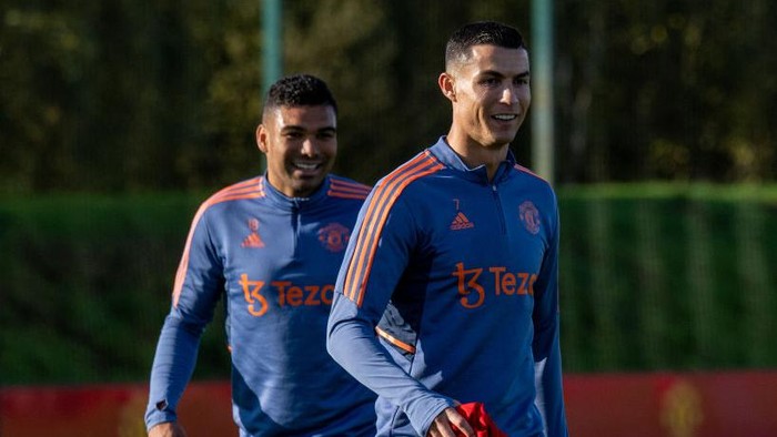 MANCHESTER, ENGLAND - OCTOBER 25:   Cristiano Ronaldo of Manchester United in action during a Manchester United training session at Carrington Training Ground on October 25, 2022 in Manchester, England. (Photo by Ash Donelon/Manchester United via Getty Images)