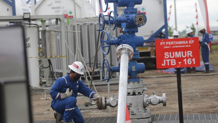 Petugas memeriksa keran pipa sumur saat proses injeksi CO2 di sumur JTB-161 Mundu, Jatibarang, Indramayu, Jawa Barat, Rabu (26/10/2022). Pertamina melakukan injeksi perdana CO2 ke sumur minyak sebagai langkah awal penerapan teknologi Carbon Capture, Utilization & Storage (CCUS) untuk meningkatkan produksi minyak dalam negeri. ANTARA FOTO/Dedhez Anggara./hp.