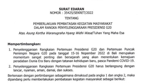Surat Edaran Nomor 35425/SEKRET/2022 tentang Pemberlakuan Pembatasan Kegiatan Masyarakat dalam Rangka Penyelenggaraan Presidensi G20