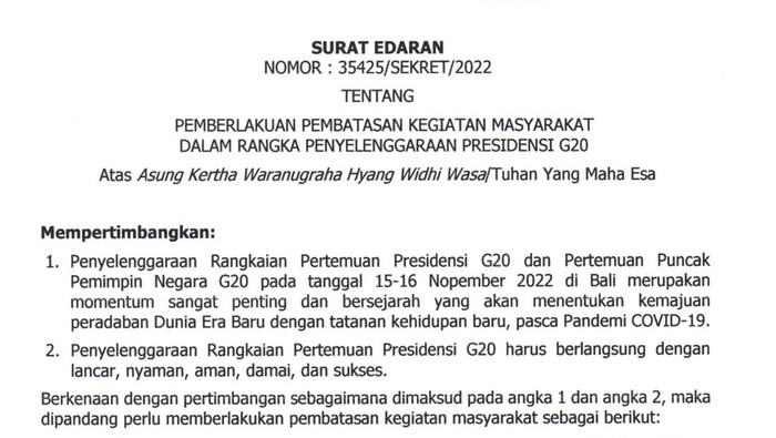 Surat Edaran Nomor 35425/SEKRET/2022 tentang Pemberlakuan Pembatasan Kegiatan Masyarakat dalam Rangka Penyelenggaraan Presidensi G20