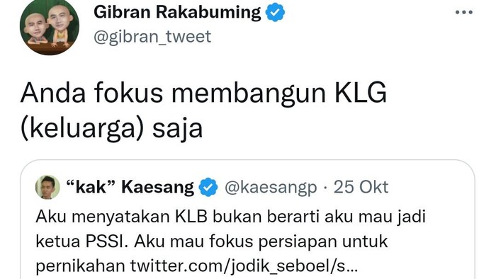 Tweet Gibran menyarankan agar Kaesang tidak perlu maju jadi Ketum PSSI.