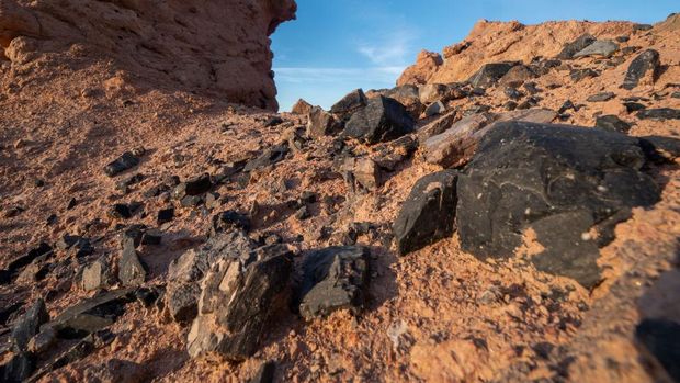 Penampakan batu obsidian yang dibentuk oleh gunung berapi aktif di bawah Laut Salton, terlihat di Red Hill, Calipatria, California, Amerika Serikat, 28 Desember 2018.