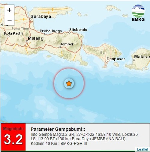 Gempa magnitudo 3,2 sore ini mengguncang Jembrana, Kabupaten Badung, Bali sekitarnya pukul 17:58:10 Wita.