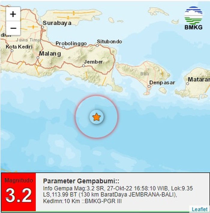 Gempa magnitudo 3,2 sore ini mengguncang Jembrana, Kabupaten Badung, Bali sekitarnya pukul 17:58:10 Wita.