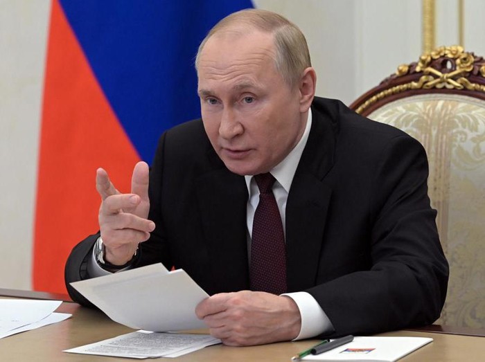 Russian President Vladimir Putin chairs a meeting with the heads of delegations of the Conference of Heads of Security and Intelligence Agencies of the Commonwealth of Independent States countries via a videoconference at the Kremlin in Moscow, Russia, Wednesday, Oct. 26, 2022. (Alexei Babushkin, Sputnik, Kremlin Pool Photo via AP)