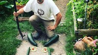 Sering pasang wajah garang, pemburu yang satu ini bagikan sayuran hasil berburunya di kebun kecil yang berada di belakangnya.  Foto: Boredpanda/Pool
