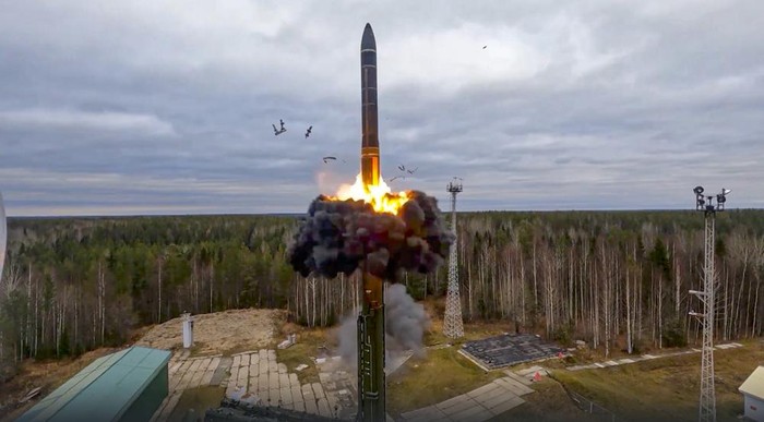 In this handout photo taken from video released by Russian Defense Ministry Press Service on Wednesday, Oct. 26, 2022, a Yars intercontinental ballistic missile is test-fired as part of Russias nuclear drills from a launch site in Plesetsk, northwestern Russia. Russian President Vladimir Putin has monitored drills of the countrys strategic nuclear forces involving multiple practice launches of ballistic and cruise missiles. The Kremlin said in a statement that all the test-fired missiles reached their designated targets. (Russian Defense Ministry Press Service via AP)