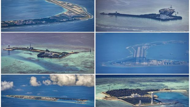 SPRATLY ISLANDS, AT SEA - OCTOBER 25: In this composite image, airfields, buildings, and structures are seen on the artificial islands built by China in (clockwise from top left) Mischief Reef, Gaven Reefs, Subi Reef, Cuarteron Reef, Fiery Cross Reef, and Hughes Reef on October 25, 2022 in Spratly Islands, South China Sea. China has progressively asserted its claim of ownership over disputed islands in the South China Sea by artificially increasing the size of islands, creating new islands and building ports, military outposts and airstrips. The South China sea is an important trade route and is of significant interest as geopolitical tensions remain high in the region. (Photo by Ezra Acayan/Getty Images)