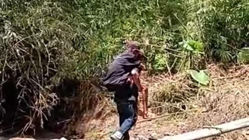 Warga gendong lansia seberangi jembatan darurat Banjar Sekarkejula Kelod, Desa Yehembang Kauh, Kecamatan Mendoyo.