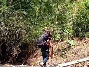 Dramatis Warga Gendong Lansia Seberangi Jembatan Darurat di Jembrana