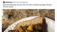 Membuat roti panggang dengan sosis, netizen ini menjawab kritik menohok dari Gordon Ramsay. Roti panggangnya disebut seperti baru saja terkena kotoran anjing peliharaan. Foto: Bored Panda