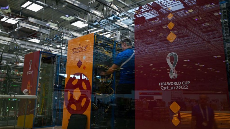 People work in a control room at the International Broadcast Center (IBC) in Doha on October 27, 2022, ahead of the FIFA World Cup Qatar 2022 football tournament. (Photo by Gabriel BOUYS / AFP) (Photo by GABRIEL BOUYS/AFP via Getty Images)