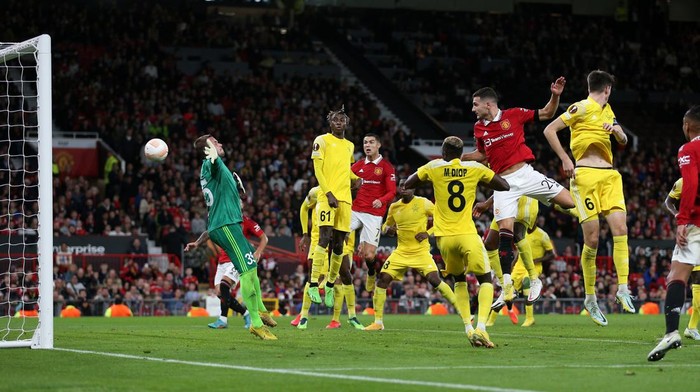 Manchester Uniteds Diogo Dalot scores their sides first goal of the game during the UEFA Europa League Group E match at Old Trafford, Manchester. Picture date: Thursday October 27, 2022. (Photo by Nigel French/PA Images via Getty Images)