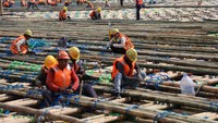  Selain sistem matras bambu, penguatan kondisi tanah juga dilakukan dengan cara pemasangan material penyalir vertikal pra-fabrikasi atau PVD serta melaksanakan pembebanan menggunakan material pasir laut yang diambil menggunakan alat Trailing Suction Hopping Dredger atau TSHD. Foto: Dok. Kementerian PUPR
