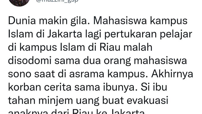 Unggahan viral yang menyebut adanya dugaan mahasiswa asal Jakarta yang diduga disodomi di UIR