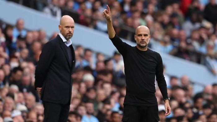 MANCHESTER, ENGLAND - OCTOBER 02: Pep Guardiola the head coach / manager of Manchester City during the Premier League match between Manchester City and Manchester United at Etihad Stadium on October 2, 2022 in Manchester, United Kingdom. (Photo by Matthew Ashton - AMA/Getty Images)