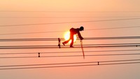 Para pekerja dengan berani bergelantungan di atas kabel yang sangat tinggi.